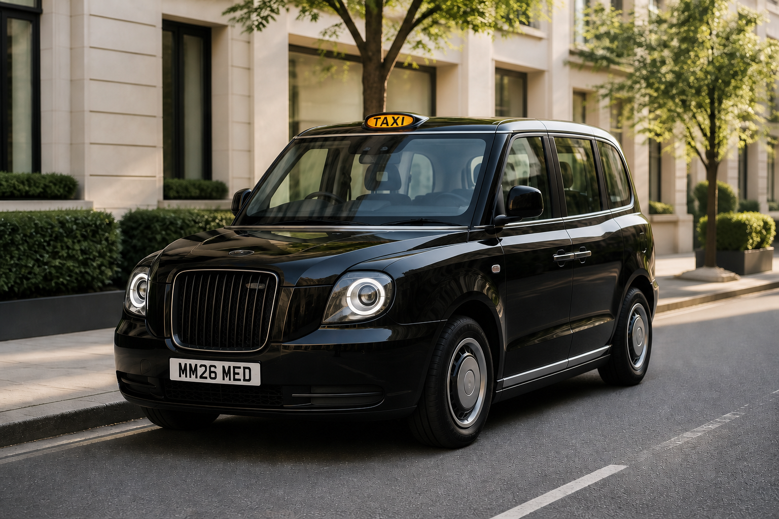 Black London taxi with illuminated taxi sign and number plate, parked on a quiet city street